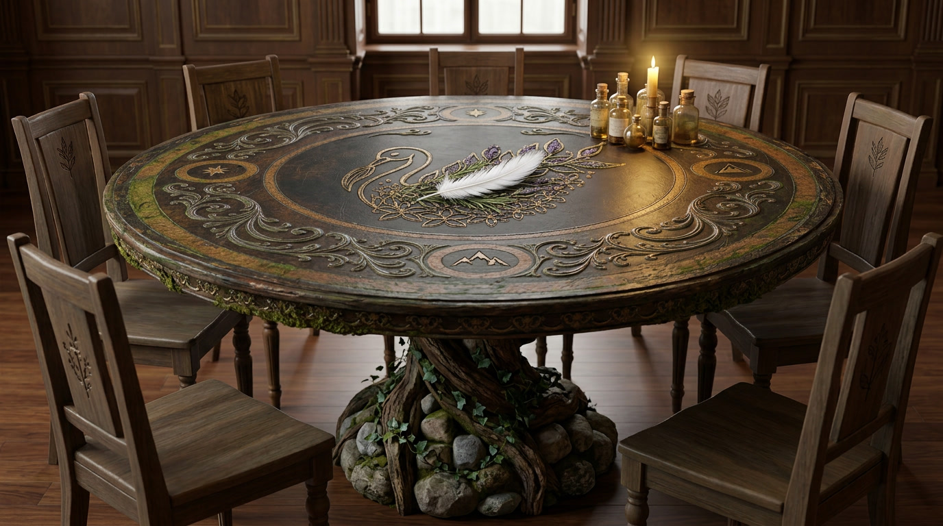 The Round Table — an ornate carved table with a swan and lavender at its center, surrounded by empty chairs
